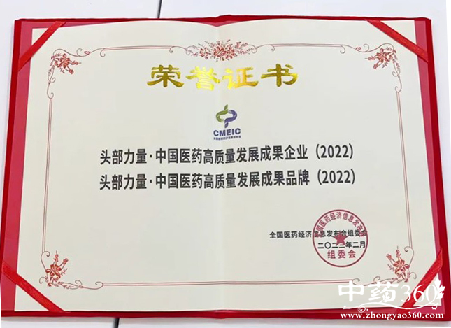 仲景牌逍遥丸再获“头部力量 · 中国医药高质量发展成果品牌”奖