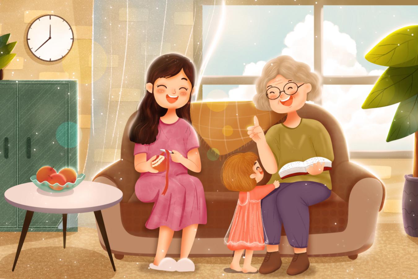 摄图网_401794789_陪伴老人温馨插画（非企业商用）